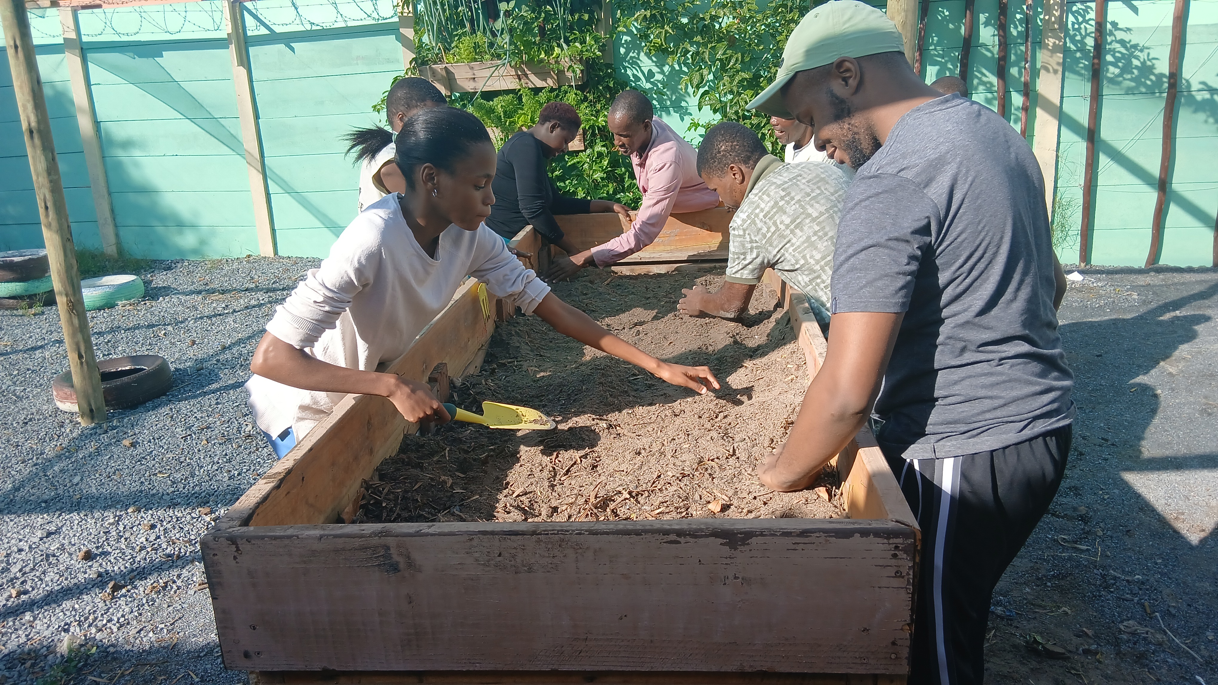 Participants working together in a raised garden bed at Tembaletu
